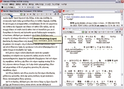 画面左にギリシア語聖書、同右上にギリシア語の意味や文法情報を示す「情報ウィンドウ」が表示されており、同右下に「新共同訳‐ギリシア語インターリニア新約聖書」が表示されている。